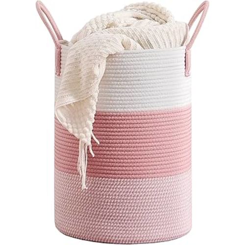 CLHMILY&Z 40L Laundry Basket Round Storage Rope Basket - 13x18 Inches - Pink Hamper in Bedreoom and Cute Storage Bin for Blankets, Toys, and Nursery Essentials