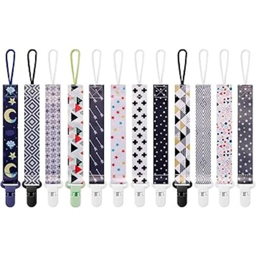 12 Pack Pacifier Clips with Short Strap(25.5cm) - Premium Polyester Baby Pacifier Holder Set, Multi-Design Clips for Boys Girls (Multicolor E 25.5cm)