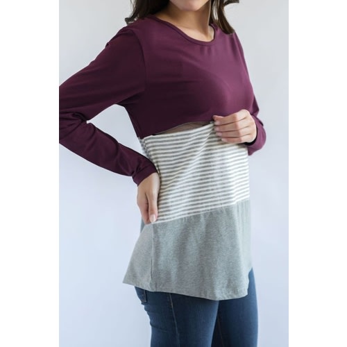 Long Sleeve Cotton Nursing Top- 3 Block- Wine