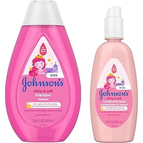 Paquete de champú para niños Johnson's Kids brillante y suave, sin desgarros, con aceite de argán y proteínas de seda, hipoalergénico, sin sulfatos, 13.6 onzas líquidas + spray acondicionador para el