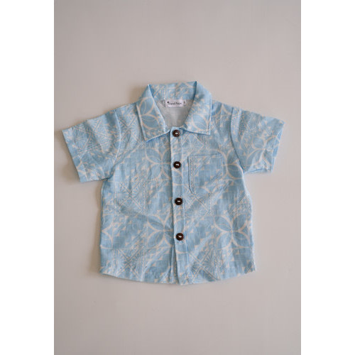 Island Pattern Cotton Linen Blend Shirt (blue)