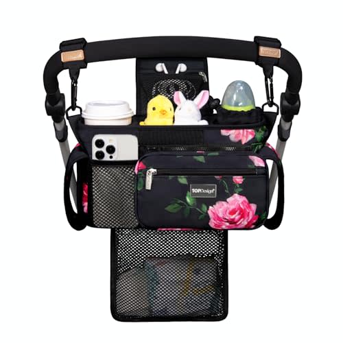 TOPDesign Universal Baby Stroller Organizer, Stroller Caddy with Detachable Mesh Bag & Heightened Insulated Cup Holders & Non-Slip Secure Hooks Accessories, Fits Most Strollers (Peony)
