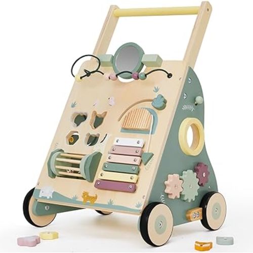 Wooden Baby Walker, Baby Push Walker, Adjustable Speed Baby Walker with Wheel for Boys and Girls, Montessori Walker Toy, Toddler Activity Center (green)