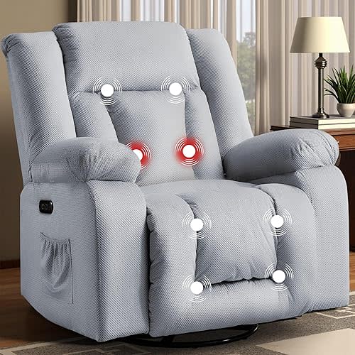 Rocker Recliner Chairs for Adults, Swivel Rocking Chair with Heat and Massage, Modern Electric Recliner with Extra Wide, Waffle Fabric Massage Chair Recliner for Living Room, Bedroom