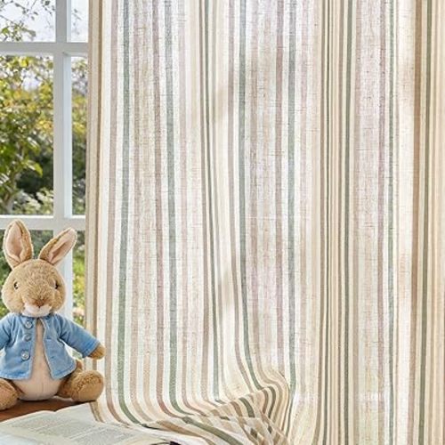 Linen Stripe Nursery Curtains for Kids Tickingstripe Light Filtering Window Curtains Colorful Pinstripe Printed Drapes 84 Inches Long for Living Room Boys Bedroom Colorful Green 2 Panels