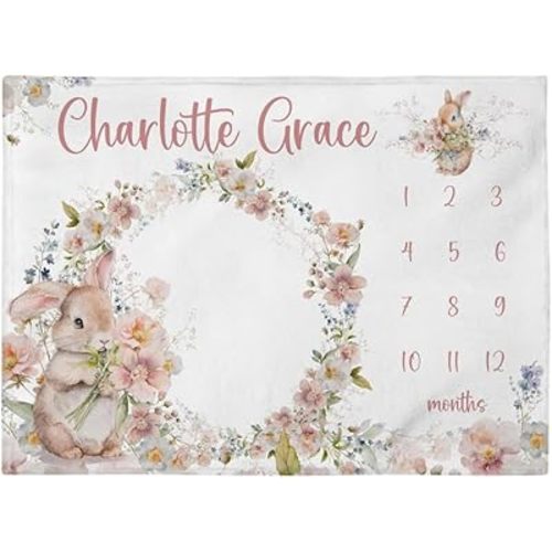 Customized Bunny Milestone Blanket, Personalized Baby Girl Month Flowers Blanket, Floral Nursery Custom Newborn Age Tracker New Mom