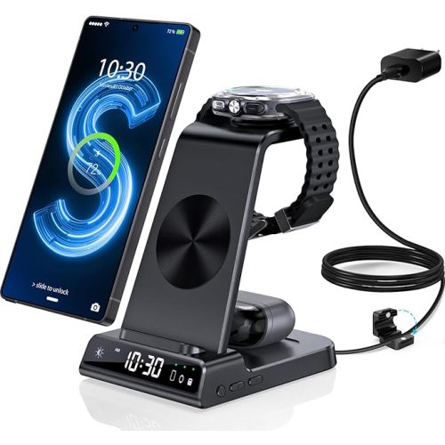 Wireless Charger for Samsung Charging Station with Clock for Samsung Galaxy S25 Ultra/S24 Ultra/Z Flip 7/Fold 6/Bud, 3 in 1 Android Charging Station, Watch Charger for Samsung Galaxy Watch 8/7/6/5Pro