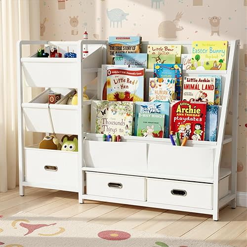 KIDINIX 3 Tier Kids Bookshelf and Toy Storage - Sling Book Shelf with Toy Organizer, Montessori Toddler Bookcase with 6 Toy Bins, for Playroom, Children Room, Nursery, Classroom, White