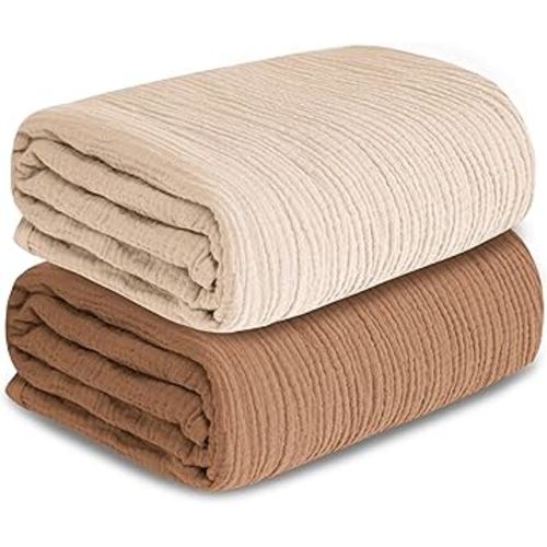 Muslin Swaddle Blankets for Newborn, 2 Pack Breathable Soft Receiving Blanket, Large 41 x 41 inches Swaddle Wrap Burping Clothes, Essentials Infant Shower Items. (Beige & Coffee)