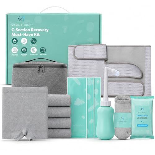 Mama & Wish® C-Section Recovery Kit – Postpartum Essentials C Section 12-Pc: Belly Binder, Silicone Scar Patches, Peri Bottle, Disposable Underwear, Wipes, Grip Socks & Toiletry Bag
