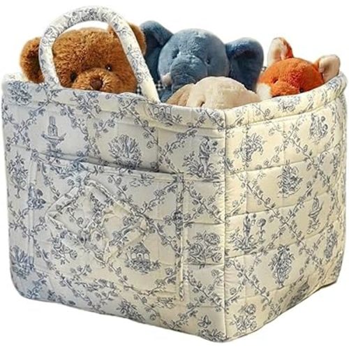 Quilted Fabric Basket Car Storage Basket Boho Floral Laundry Hamper for Nursery Bedroom & Living Room | Organize Clothes Toys