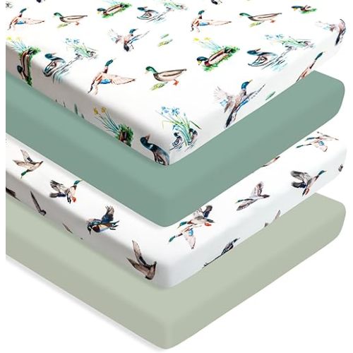 4 Pack Mallard Duck Baby Pack N Play Sheets Neutral Unisex Breathable Fitted Nursery Sheets for Baby Girl or Boys (Pack N Play Sheet)