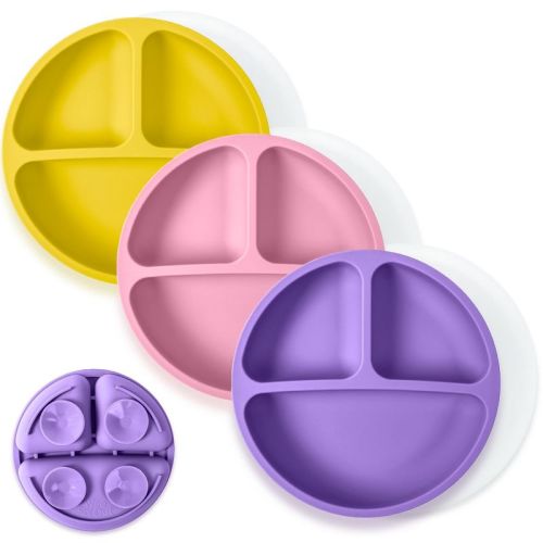WeeSprout Suction Plates for Babies & Toddlers 100% Silicone Divided Design - With Lids, 3 Pack (Bright Pink, Purple & Yellow)