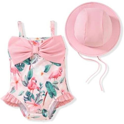 HINTINA Newborn Baby Girl One Piece Swimsuit Sleeveless Bathing Suit with Hat