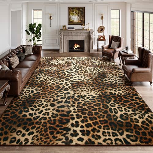 DweIke Leopard Rugs for Living Room, 8x10 Cheetah Print Rug for Bedroom Decor, Washable Non-Slip Stain Resistant Faux Animal Throw Carpet for Dining Room Office Western Home, Dark Brown