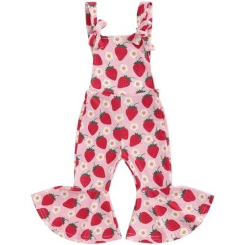 Emmababy Toddler Floral Flare Leg Jumpsuit Baby Girl Bell Bottom Romper Strawberry Suspender Overall Kids Sleeveless Playsuit