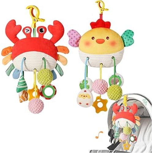Carseat Toys Hanging, Crab Stroller Toy with Clamp,Plush Pull String Sensory Rattle,Built-in Bell, Rattle,Squeaky,Mirror for Infant,Babies Gift 0-3-6-12 Months Boy Girl