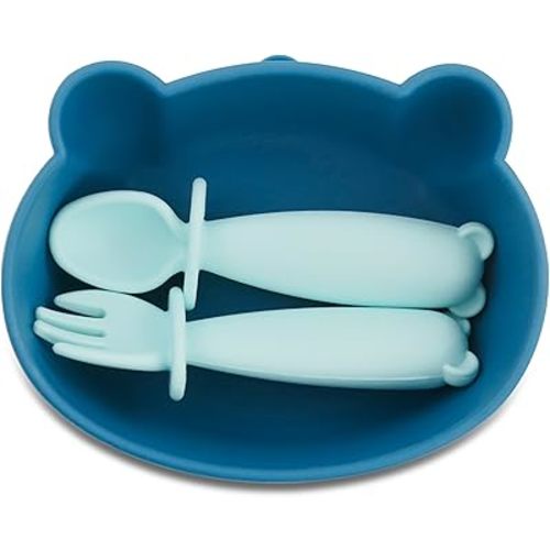 Silicone Bowl Suction with Spoon and Fork for Babies 6 months+ Suction Bowls for Baby Utensils 6-12M+ BLW Baby Essentials Newborn Essentials Must Haves (Aquamarine)