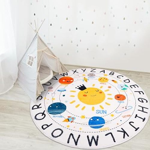Round ABC Space Kids Rugs,5.2 ft Non-Slip Solar System Alphabet Rugs, Washable Rug, Soft Plush Educational Circle Rug for Classroom playroom Bedroom Kids Room Decor(for Age 2+)