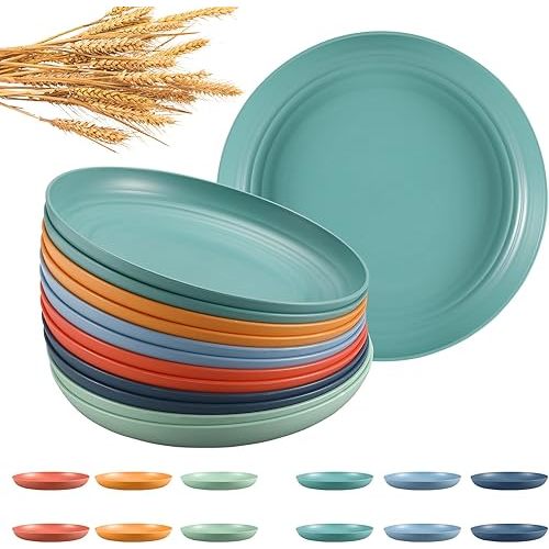12 Pcs Unbreakable Deep Dinner Plates Set, 10 inch Reusable Plastic Wheat Straw Plates, Microwave and Dishwasher Safe Plate for Kitchen, Lightweight Plate for Dessert, BPA Free, 6 Colors