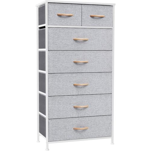 Crestlive Products Vertical Dresser Storage Tower - Sturdy Steel Frame, Wood Top, Easy Pull Fabric Bins, Wood Handles - Organizer Unit for Bedroom, Hallway, Entryway, Closets - 7 Drawers (Light Gray)
