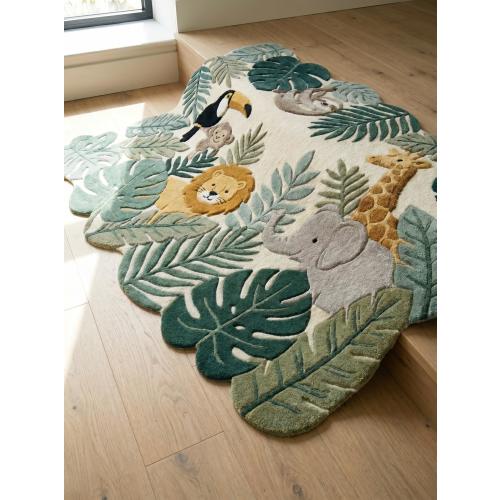 Jungle Safari Nursery Rug, Hand Tufted Forest Animal Carpet, Green Monstera Leaf Kids Play Mat, Lion Giraffe Decor, Custom Size Available