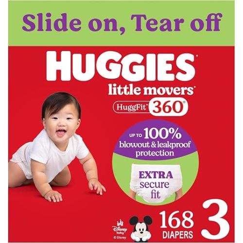 Huggies Size 3 Baby Diapers, Little Movers HuggFit 360° Baby Diapers with 360° Waistband, Size 3 (16-28 lbs), 168 Count (3 Packs of 56), Packaging May Vary