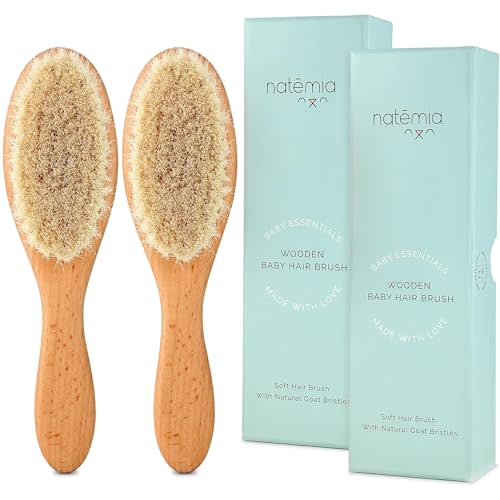 Natemia Soft Bristle Baby Hair Brush Set - 2 Pack Wooden Brushes for Newborns, Toddlers, and Baby Registry Gift
