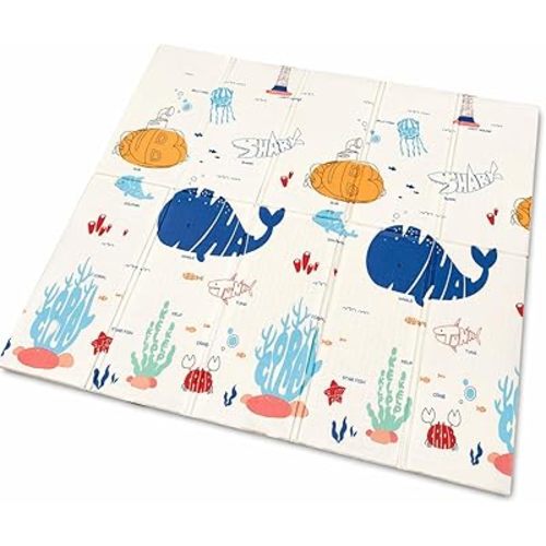 DAN&GO Extra Large Baby Play Mat, Foldable, Double-Sided, Beige, Non-Toxic XPE Material, Portable Activity Floor Mat for Babies 0-12 Months & Kids, Educational Design (Ocean, 71 * 79 * 0.4)