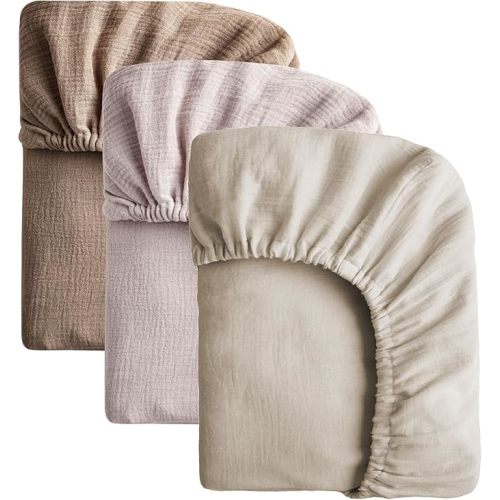 SOULFUL Muslin Crib Sheets for Boys Girls, 3 Pack Soft and Breathable Cotton Fitted Crib Sheets for Standard Crib Mattress (28"x 52", Light Tan & Brown & Mist Pink)