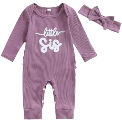 Tsnbre Baby Girl Clothes Fall Little Sister Newborn Outfit Striped Ribbed Knit Romper Long Sleeve Jumpsuit with Headband