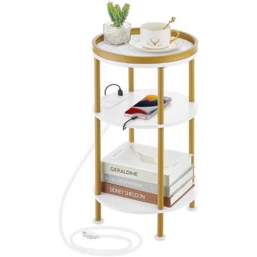 Small Round End Table with Charging Station, 3-Tier Accent Couch Beside Table with USB Ports & Power Outlets, Sofa Side Table for Living Room Small Nightstand Bedroom (USB Charger, White+Gold)