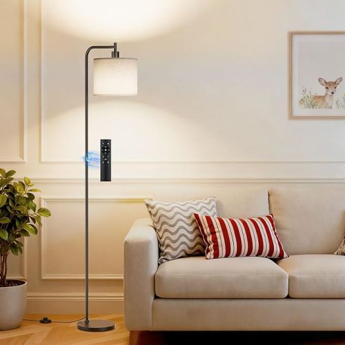 Floor Lamp with Linen Shade, Dimmable Tall Standing Lamp with Remote Control & 3 Color Temperatures, Modern Corner Floor Lamps for Living Room Bedroom Office, 9W LED Bulb Included