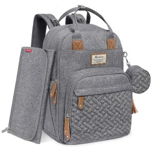 Ruvalino Large Diaper Bag Backpack, Waterproof Maternity Baby Travel Bag with Changing Pad & Stroller Straps and Insulated Bottle Holders - Gray