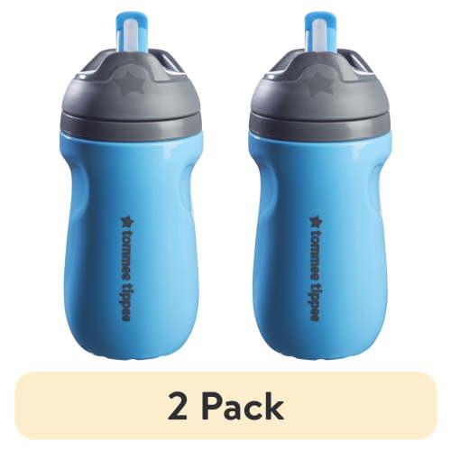 (2 pack) Tommee Tippee Insulated Sporty Straw Bottle, 9oz, 12 Months+ Spill Proof Toddler Water Bottle, Flip Lid Helps Keep Straw Clean, Blue, 1 count