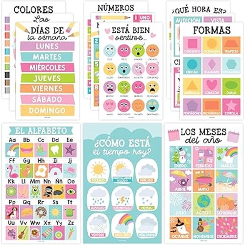 Hadley Designs Spanish Posters for Classroom - 12 Bilingual Educational Posters for Spanish Classroom Decorations Must Haves, Calendario y Alfabeto en Español Para la Pared, Colorful Teacher Supplies