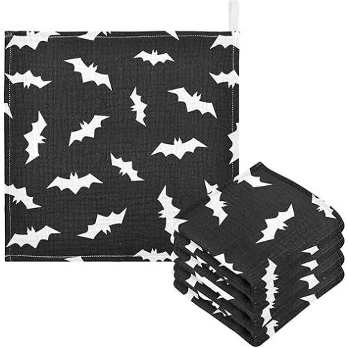 Newborn Face Towel Halloween Bats Soft Cotton Baby Washcloths 11.8 x 11.8 Inch Infants Girls Boys Muslin Burp Cloths 5 Pack