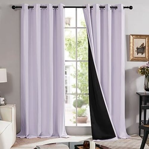 Deconovo 100% Blackout Curtains with Black Liner, Thermal Insulated Noise‑Reducing Grommet Drapes, Double‑Layer Room Darkening for Bedroom, Nursery, Home Office, 2 Panels, Lavender, 52W x 84L