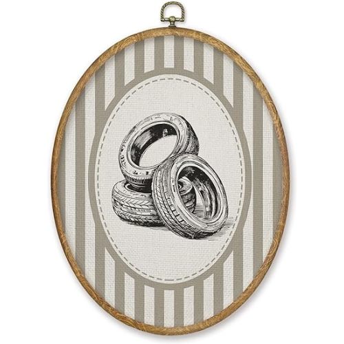 CGBHW Vintage Car Nursery Oval Wall Art Decor Products, Kids Canvas Prints Framed, Neutral Striped Car Tires Wheel Wall Art Hanging Decor for Home Kids Boy Nursery Room Bedroom Playroom, 8.6x11.4 Inch
