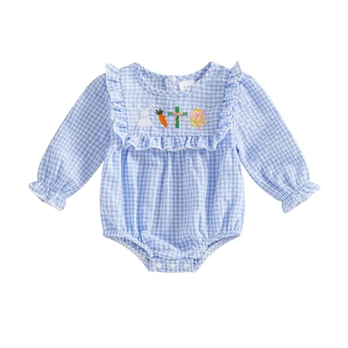 Baby Girl Easter Outfit Bunny Embroidered Long Sleeve Plaid Bubble Romper Cute Infant Girl Spring Clothes
