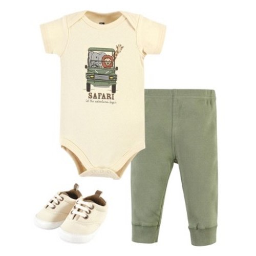 Hudson Baby Infant Boy Cotton Bodysuit, Pant and Shoe Set, Going On Safari Short Sleeve, Newborn