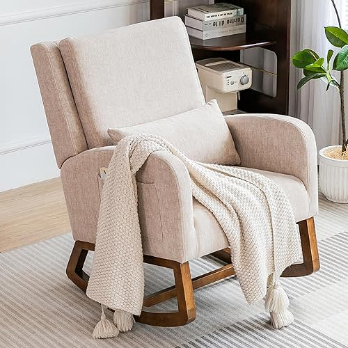 COCO DESIGN Rocking Chair Nursery Indoor with Thick Cushion, Modern Design for Living Room, Bedroom, Durable Wooden Frame with Soft Fabric, Comfortable for Reading, Beige