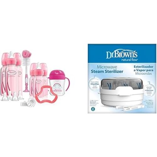 Dr. Brown's Anti-Colic Pink Baby Bottle Gift Set with 3 8oz & 3 4oz Bottles, Nipples, Cup, Teether, Brush & Microwave Steam Sterilizer for Bottles & Parts