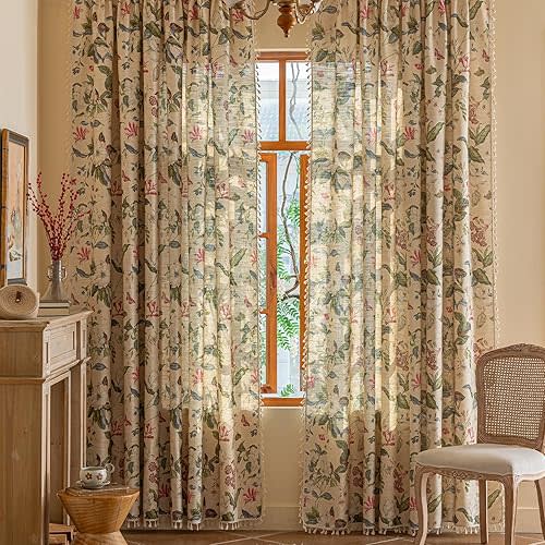 ENJOYBRIDAL Floral Curtains 84 Inch Long Living Room Boho Drapes Bedroom 2 Panels Semi Sheer Floor Length Window Curtain Panels Vintage Rod Pocket Tassel Farmhouse Nursery Window Treatments