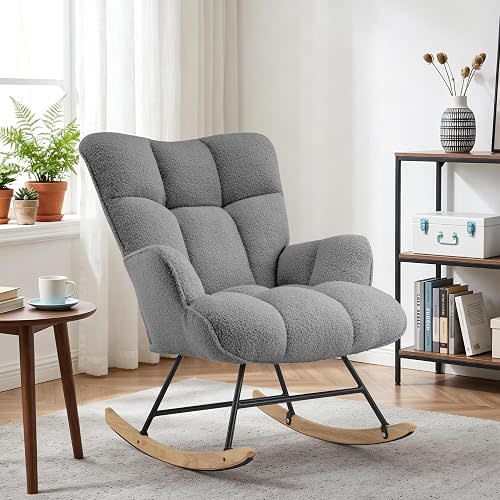 SAETSFEG Rocking Chair Nursery Teddy Upholstered Glider Rocker Chair Padded Seat with High Backrest Armchair Comfy Nursing Chair Indoor for Living Room Bedroom(Darkgrey Teddy)