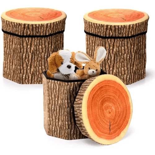 Lawei 3 Pack Tree Stump Storage Stools, 12 x 12 Inches Folding Stool Ottoman with Foam Cushion, Collapsible Storages Seat Chest, Vintage Storage Toy Box Wood Stump Organizer Stools for Toy