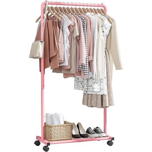 Clothes Rack - Clothing Rack with Storage Mesh Shelf & Casters, Heavy-Duty Metal Clothing Rack for Hanging Clothes, Dresses, Coats, Large Load Capacity, Easy Assembly, Pink, 28.0"x16.9"x59.0"