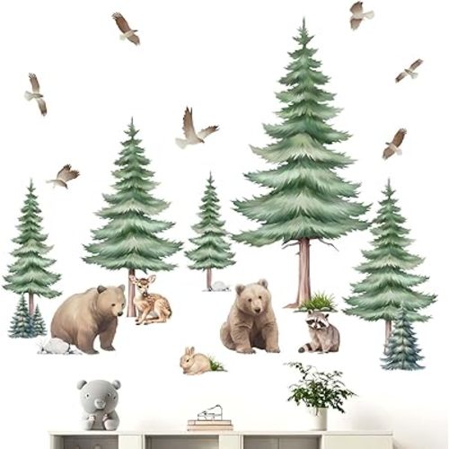 Amimagen Large Pine Tree Wall Decals - Woodland Animal Bear Wall Stickers - Girls Bedroom Baby Nursery Kids Room Wall Decor