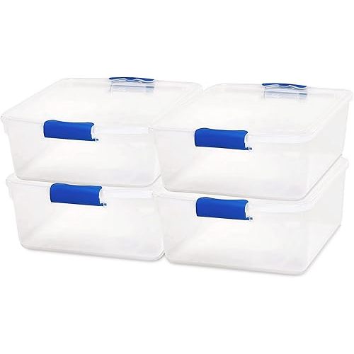 HOMZ 4-Pack 15.5 Quart Latching Lid, Clear Plastic Storage Organizer Bins, Blue – Stackable Containers for Home & Office Shelves, Kitchen, Garage, and Bathroom Organization