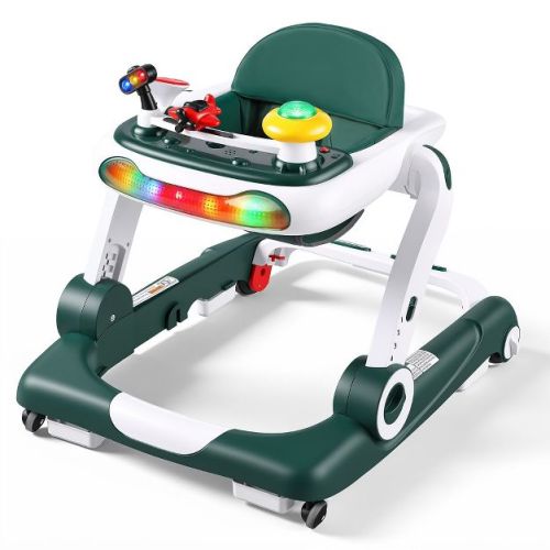 Kinder King 5-in-1 Baby Walker with Push Walker, Bouncer & Activity Center, 4 Height Settings, Removable Music Toy Tray, 6-18 Months, Green